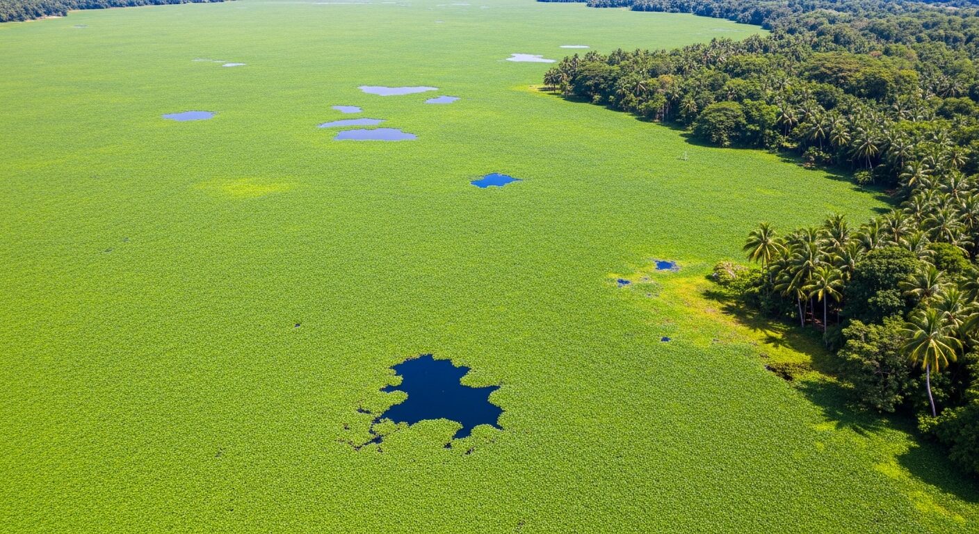 Large-scale water hyacinth infestation covering a freshwater lake surface