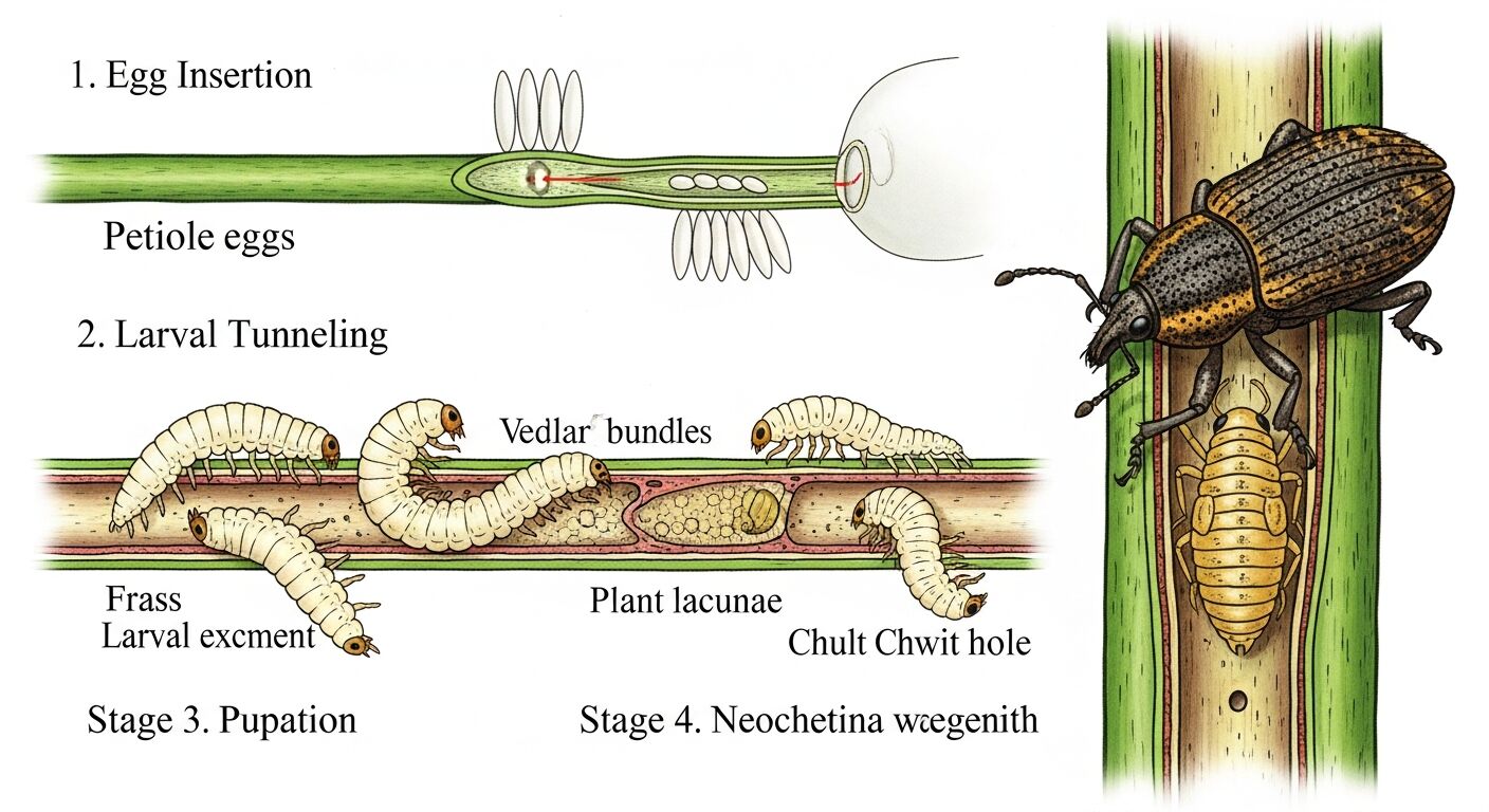 Lifecycle diagram of Neochetina weevil showing egg, larval, pupal, and adult stages