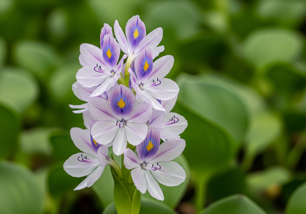 Water hyacinth flower spike showing tristylous floral morphology with lavender petals and yellow marking