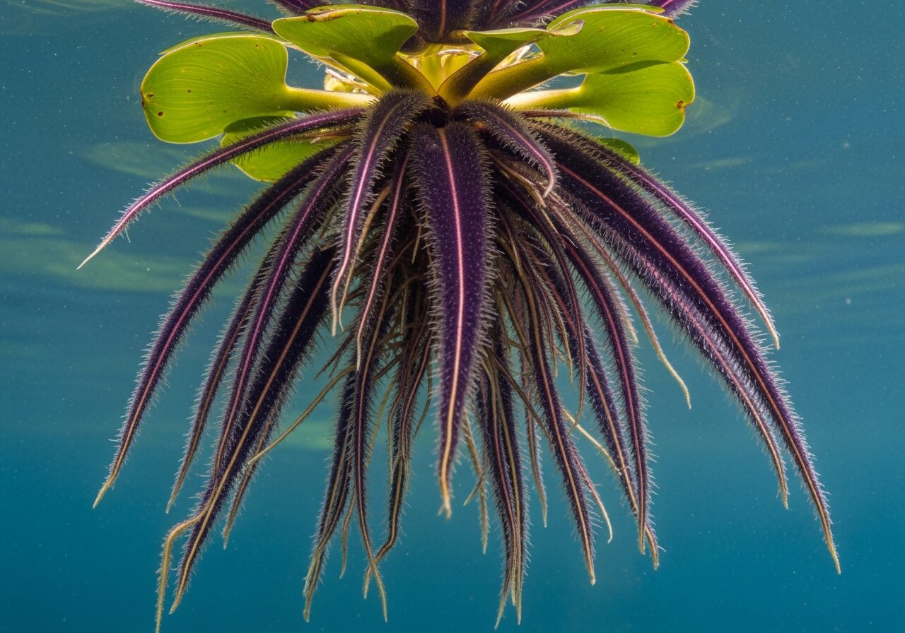 Water hyacinth adventitious root system with dark purple fibrous roots suspended in clear water