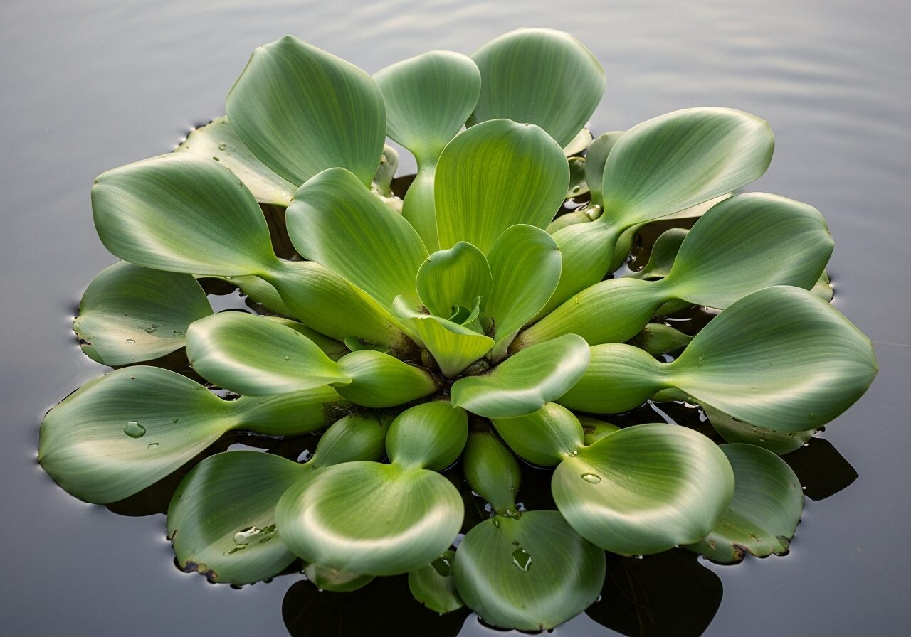 Rosette growth form of Eichhornia crassipes showing inflated petioles and leaf lamina architecture