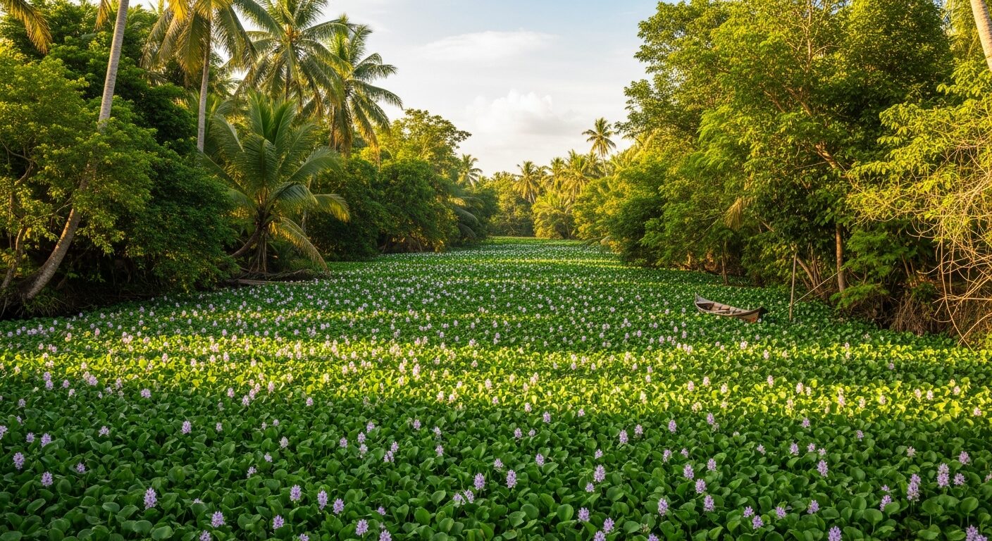 Dense water hyacinth infestation covering a tropical waterway in Southeast Asia