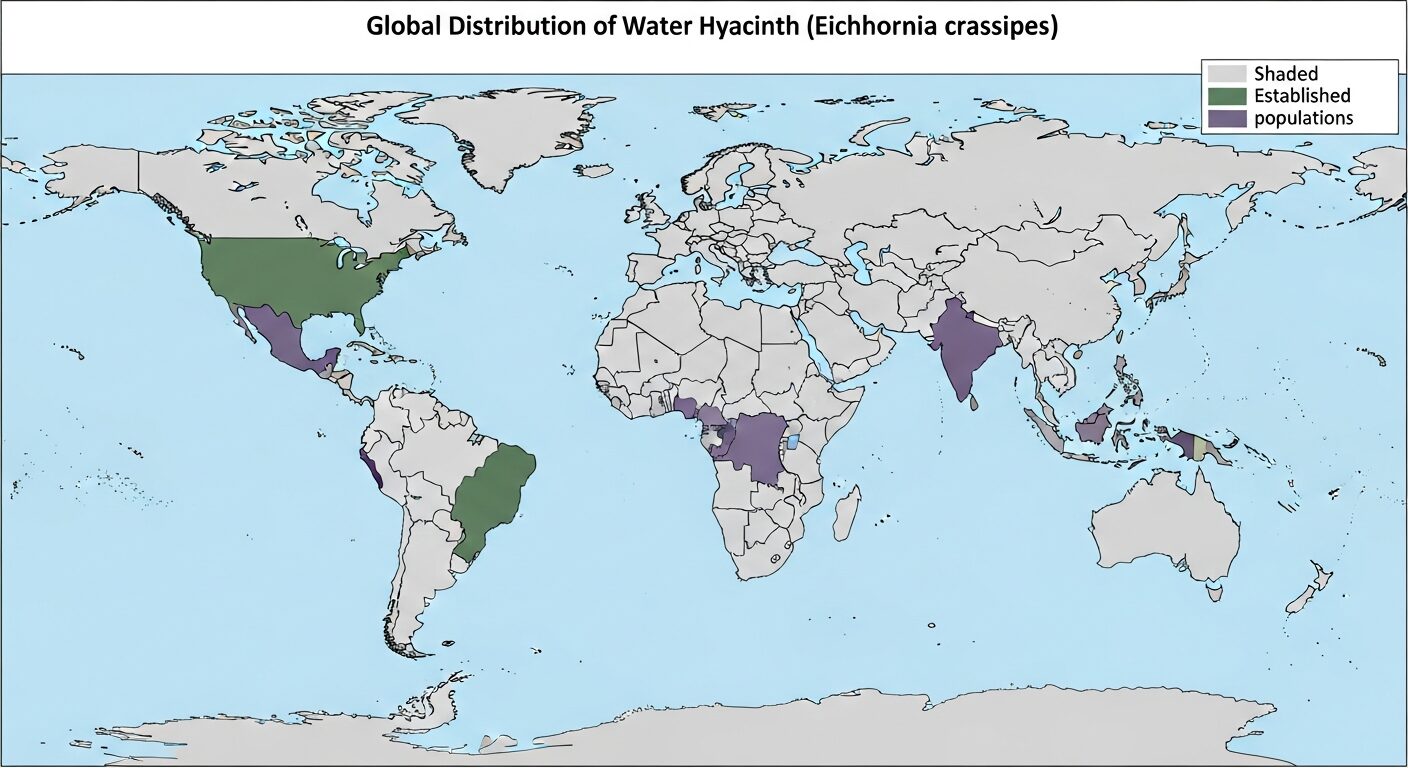 Map showing global invasive distribution of Eichhornia crassipes across Africa, Asia, North America, and Australia