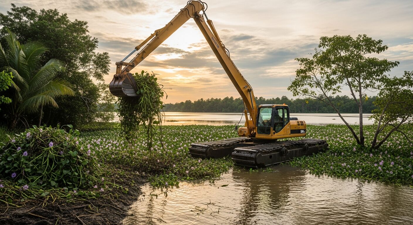 Amphibious excavator removing water hyacinth from shoreline wetland