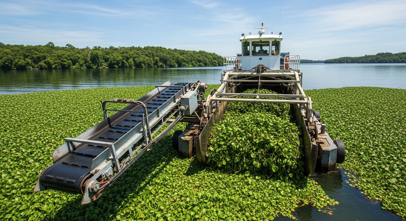Mechanical aquatic harvester removing dense water hyacinth mat from freshwater lake