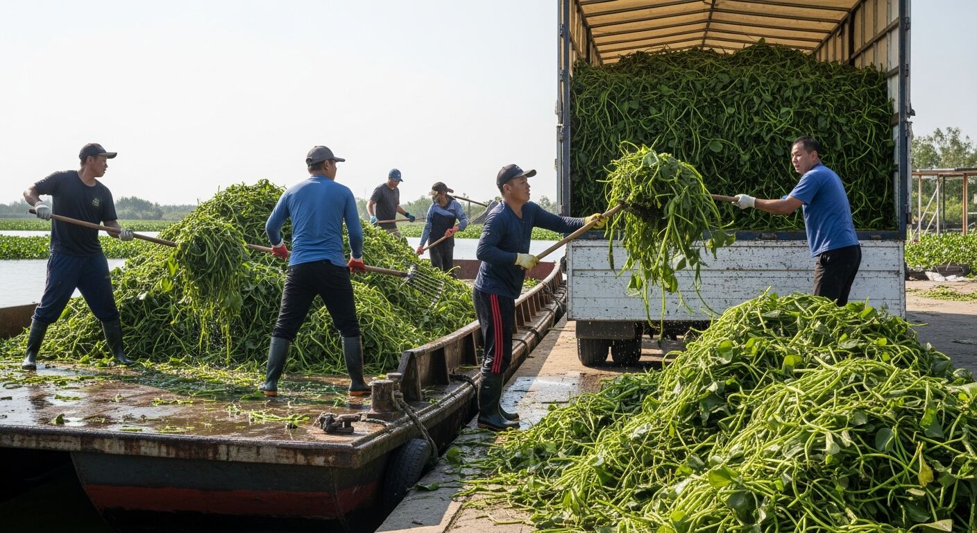 Offloading harvested water hyacinth biomass onto transport barge