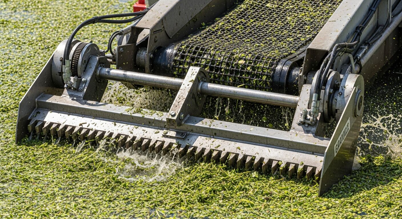 Front-mounted cutter bar and conveyor system on aquatic plant harvester