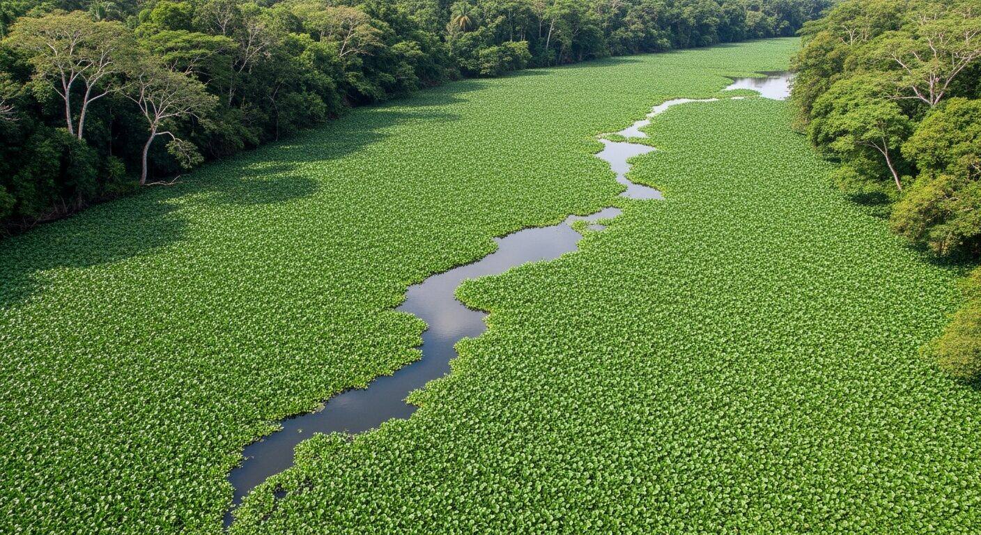 Dense water hyacinth mat spreading across river surface