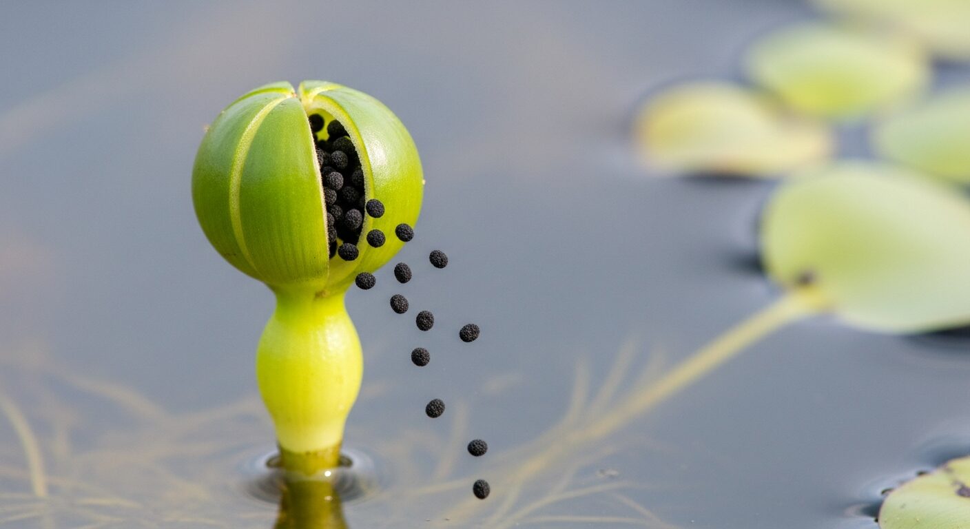 Water hyacinth seed capsule releasing seeds into water