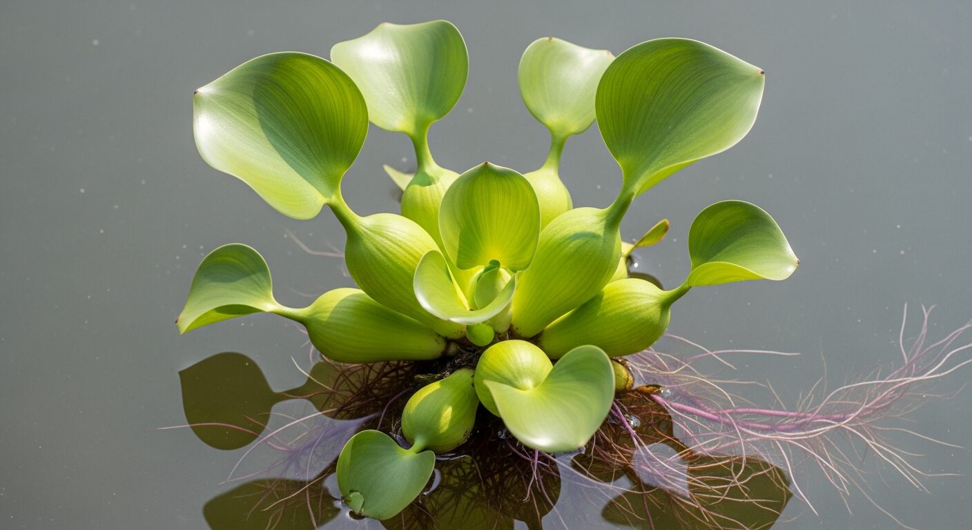 Water hyacinth (Eichhornia crassipes) floating on freshwater surface