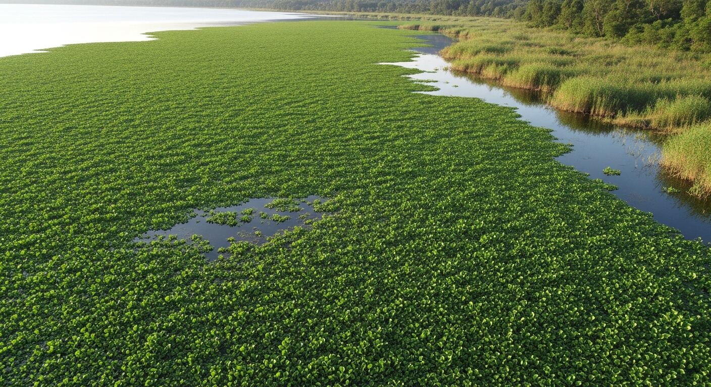 Water hyacinth mat covering a lake surface
